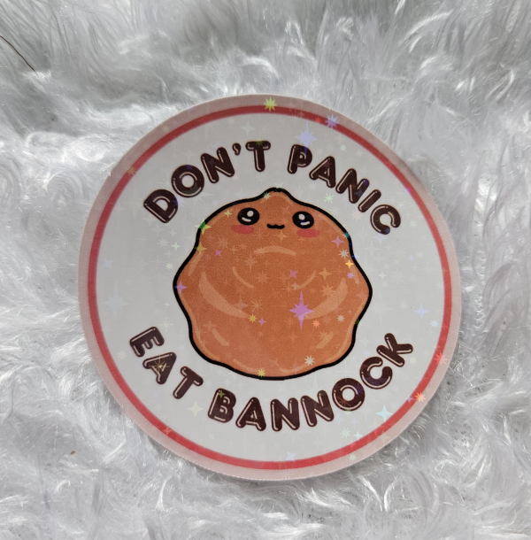 Beautiful "Don't Panic Eat Panic" Sticker made with waterproof holographic sticker paper—art created by Faith Trottier.